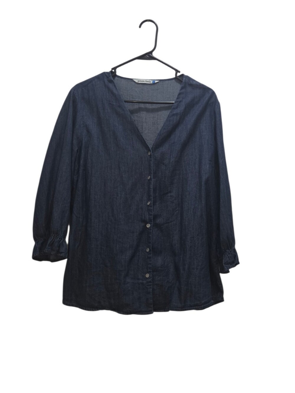 Given Kale L Blue Chambray Blouse 100% Cotton Button Front Ruffle Sleeve Top